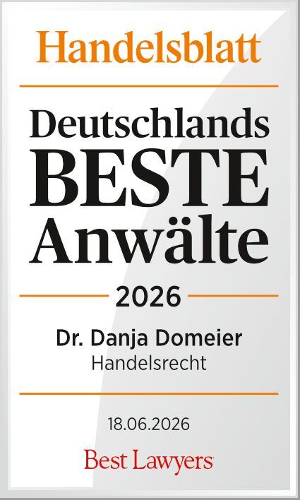 Dr. Danja Domeier wird in der vom Handelsblatt in Kooperation mit „Best Lawyers“ im Juni 2024 veröffentlichten Liste „Deutschlands Beste Anwälte 2022“ für den Bereich Lebensmittelrecht und Handelsrecht genannt.
