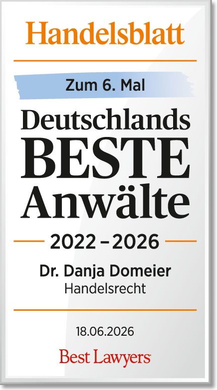 Dr. Danja Domeier wird in der vom Handelsblatt in Kooperation mit „Best Lawyers“ im Juni 2024 veröffentlichten Liste „Deutschlands Beste Anwälte 2022“ für den Bereich Lebensmittelrecht und Handelsrecht genannt.