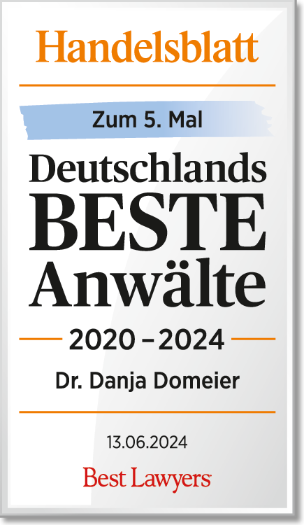 Dr. Danja Domeier wird in der vom Handelsblatt in Kooperation mit „Best Lawyers“ im Juni 2021 veröffentlichten Liste „Deutschlands Beste Anwälte 2021“ für den Bereich Lebensmittelrecht genannt.